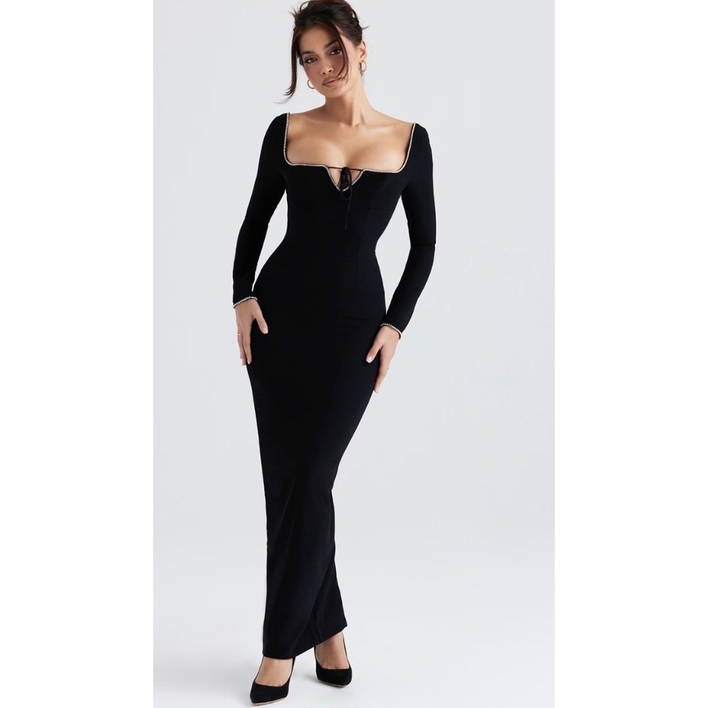 House of CB Women's Size Medium Rosa Black Crystal Embellished Maxi Dress Long